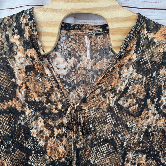 Free People Shirt Size Medium Snake Sheer Long Sleeve V Neck Tie Front Blouse - Picture 2 of 13
